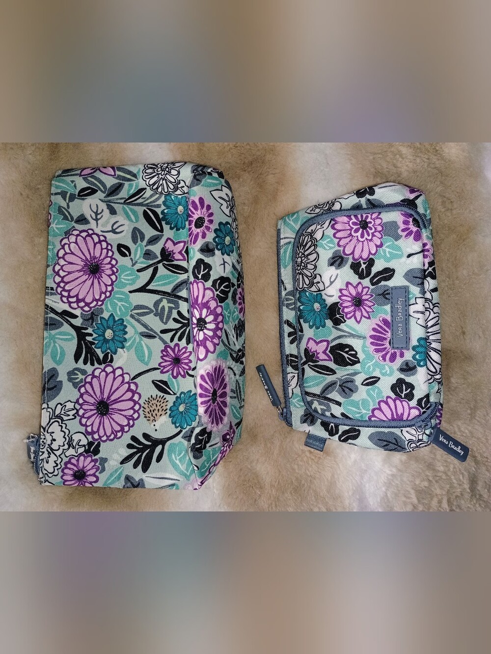 Vera Bradley Floral Zip Pouch Set in Teal, Purple & Black